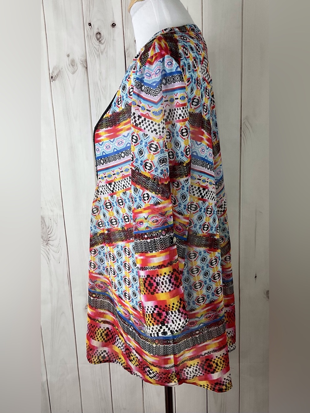 New Directions Multicolor Split V-Neck Roll Tab Sleeve Sheer Tunic Top Size XL - Picture 5 of 10